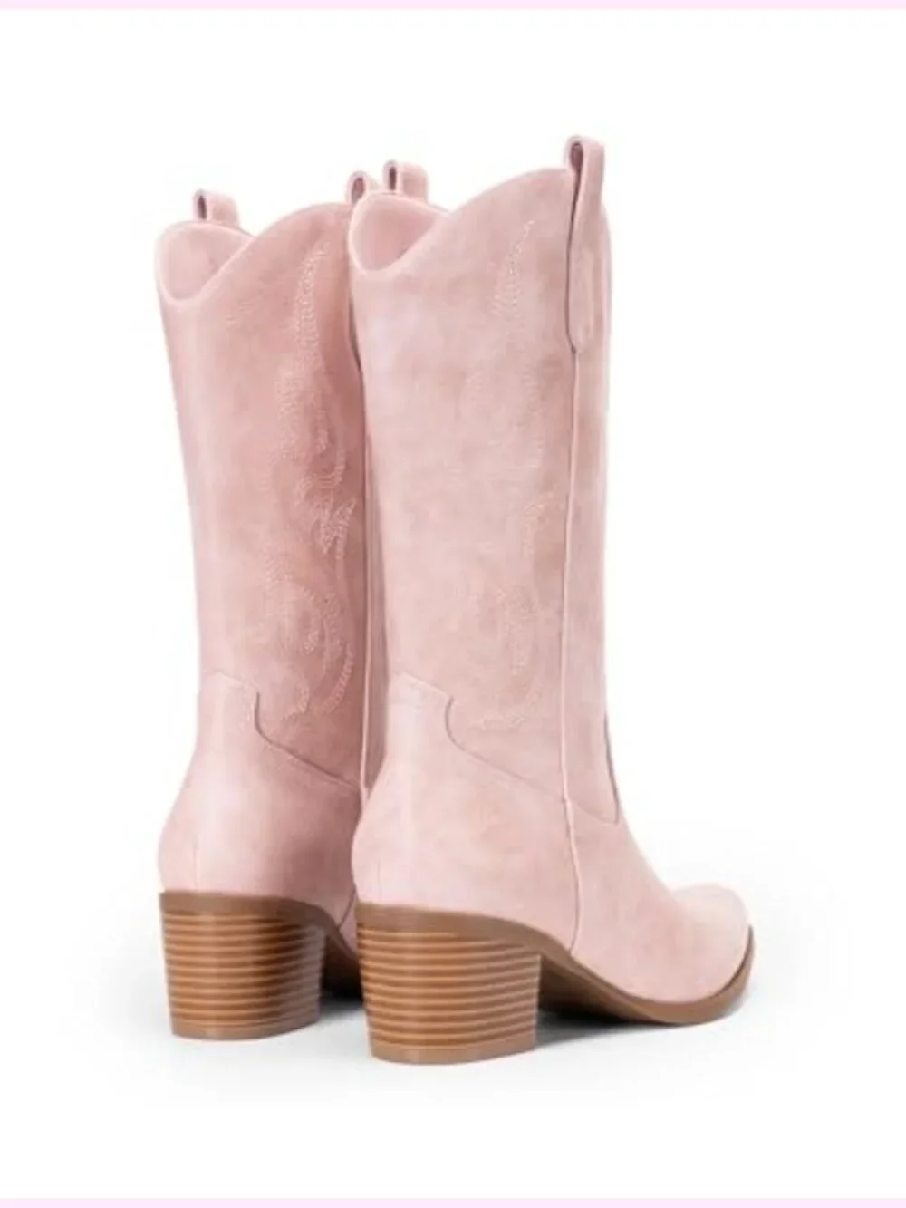 Mid Calf Western Boots Square Toe Cowboy Boots Pull On Faux Leather